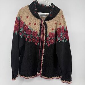 VTG Signatures by Northern Isle Hand Knitted Cardigan Sweater Sz L Floral Ladies